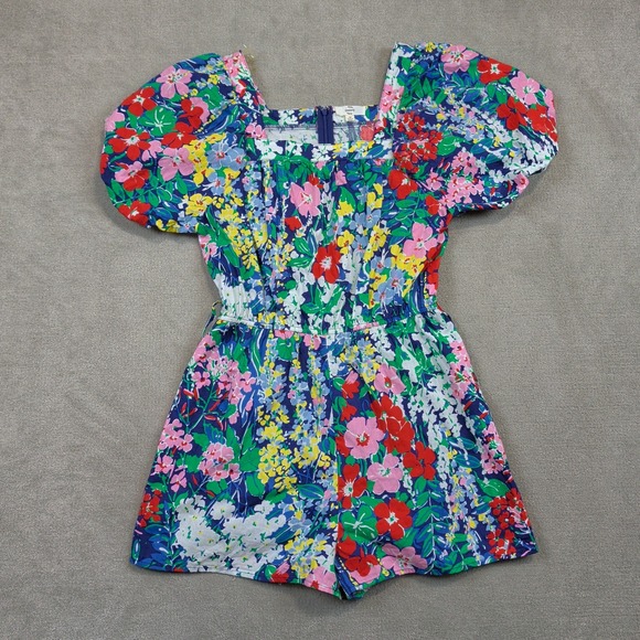 Entro Romper Womens Medium Blue Multi Floral Puff Sleeve Square Neck Cotton — photo 2